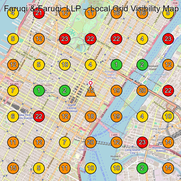 Faruqi & Faruqi, LLP Legal Services GeoGrid ranking map for New York NY